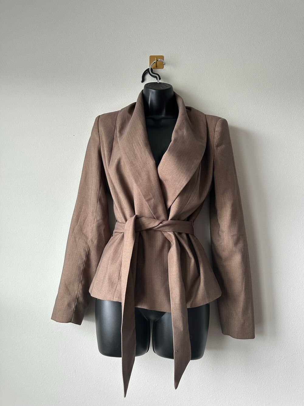 Vintage Y2K Brown Herringbone Belted Blazer Shawl Collar Office Siren Size 6